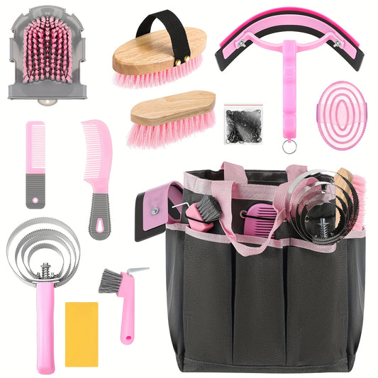 Equine Grooming Brush Set 12-Piece with Organizer Tote Bag – Complete Horse Care Kit with Shedding Brush, Detangler