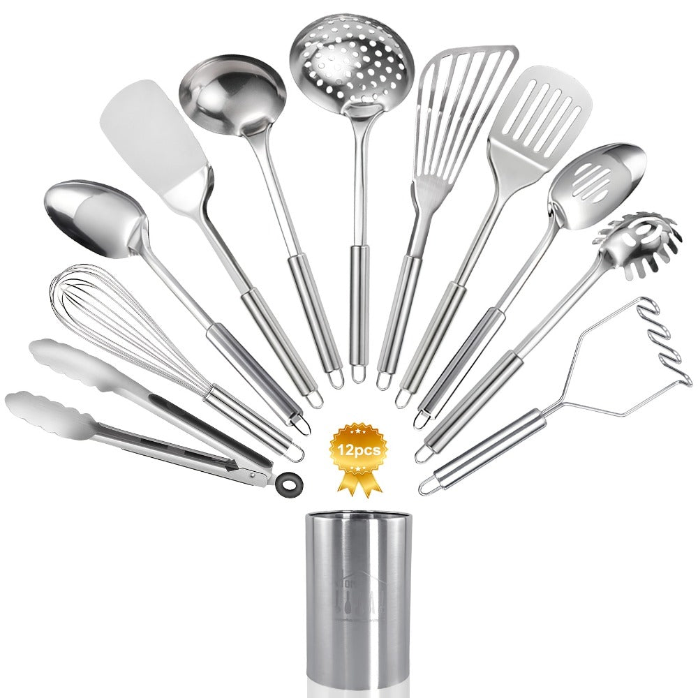 Kitchen Utensils 12-Piece Stainless Steel Set with Countertop Holder and Eleven Cooking Tools