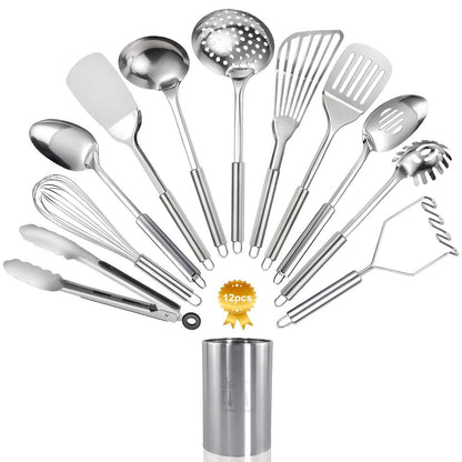 Kitchen Utensils 12-Piece Stainless Steel Set with Countertop Holder and Eleven Cooking Tools