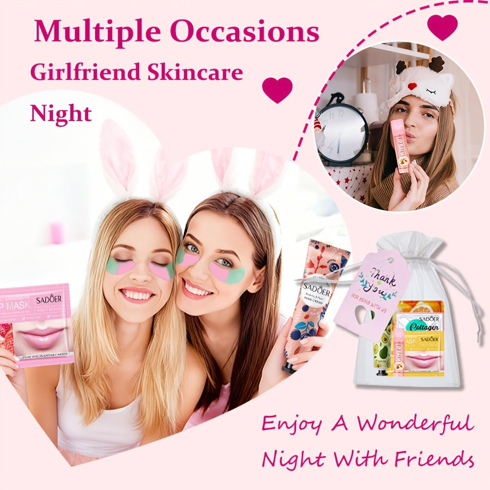 30-Piece Fruit-Themed Skincare Gift Set with Colorful Tubes, Mask Packets, Small Containers and Pink Zip Pouch