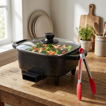Electric Mini Square Hot Pot 8-Inch Non-Stick Speckled Coating Glass Lid Cool-Touch Handle for Home Cooking, Dining and Outdoor Meals