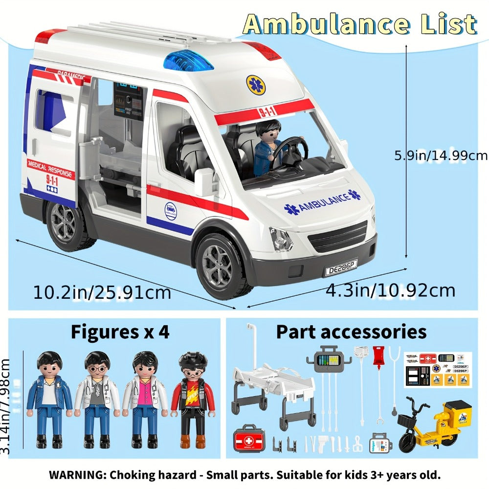 Ambulance Toy Playset for Kids Ages 3-8, Realistic Friction-Powered Emergency Vehicle with Flashing Lights & Siren Sound