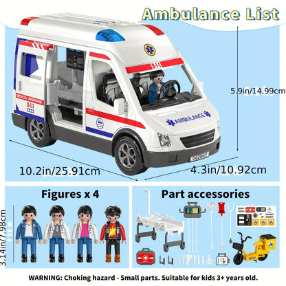 Ambulance Toy Playset for Kids Ages 3-8, Realistic Friction-Powered Emergency Vehicle with Flashing Lights & Siren Sound
