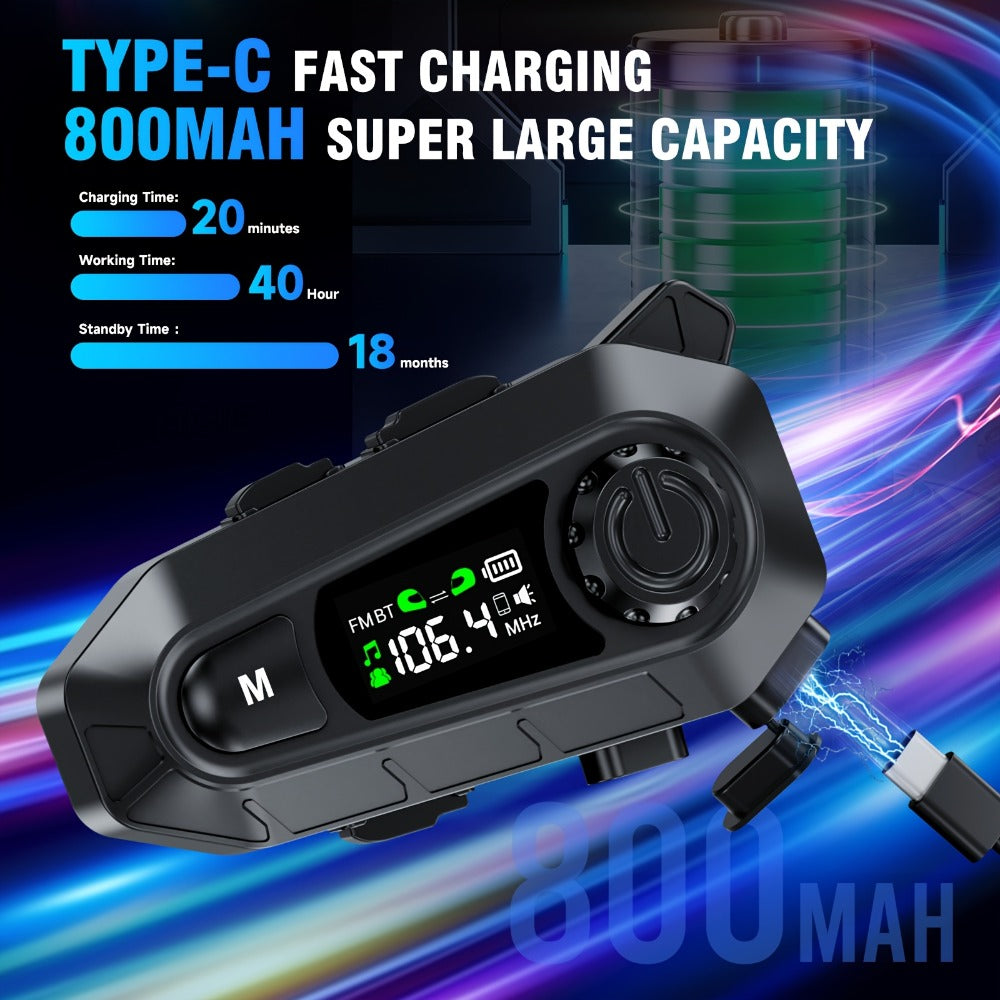 Motorcycle Helmet Bluetooth Intercom Headset 500M Range Bluetooth 5.3 LED Display Noise Cancelling Voice Control FM Radio Music Sharing