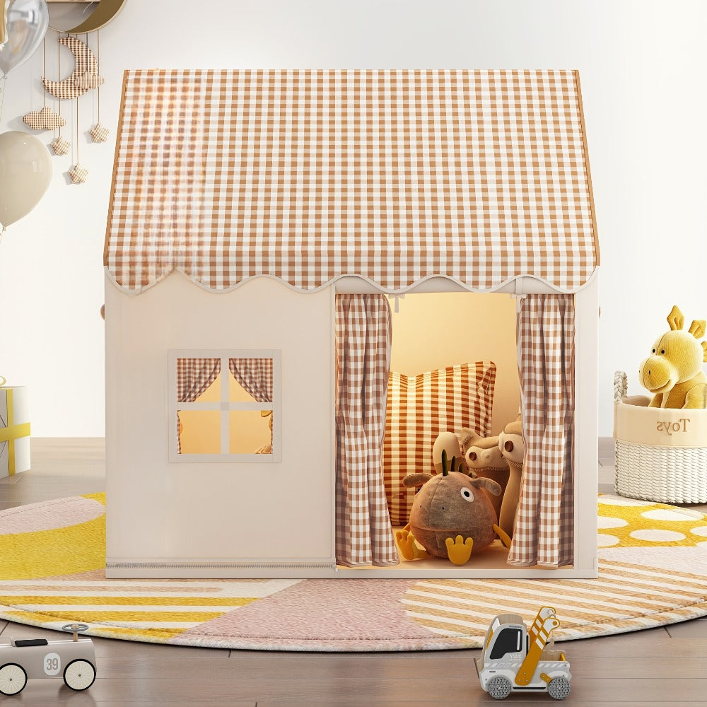 Checked Cabin Kids Play Tent in Pink, Khaki or Yellow with 130 x 120 x 100cm House Frame and Scalloped Roof