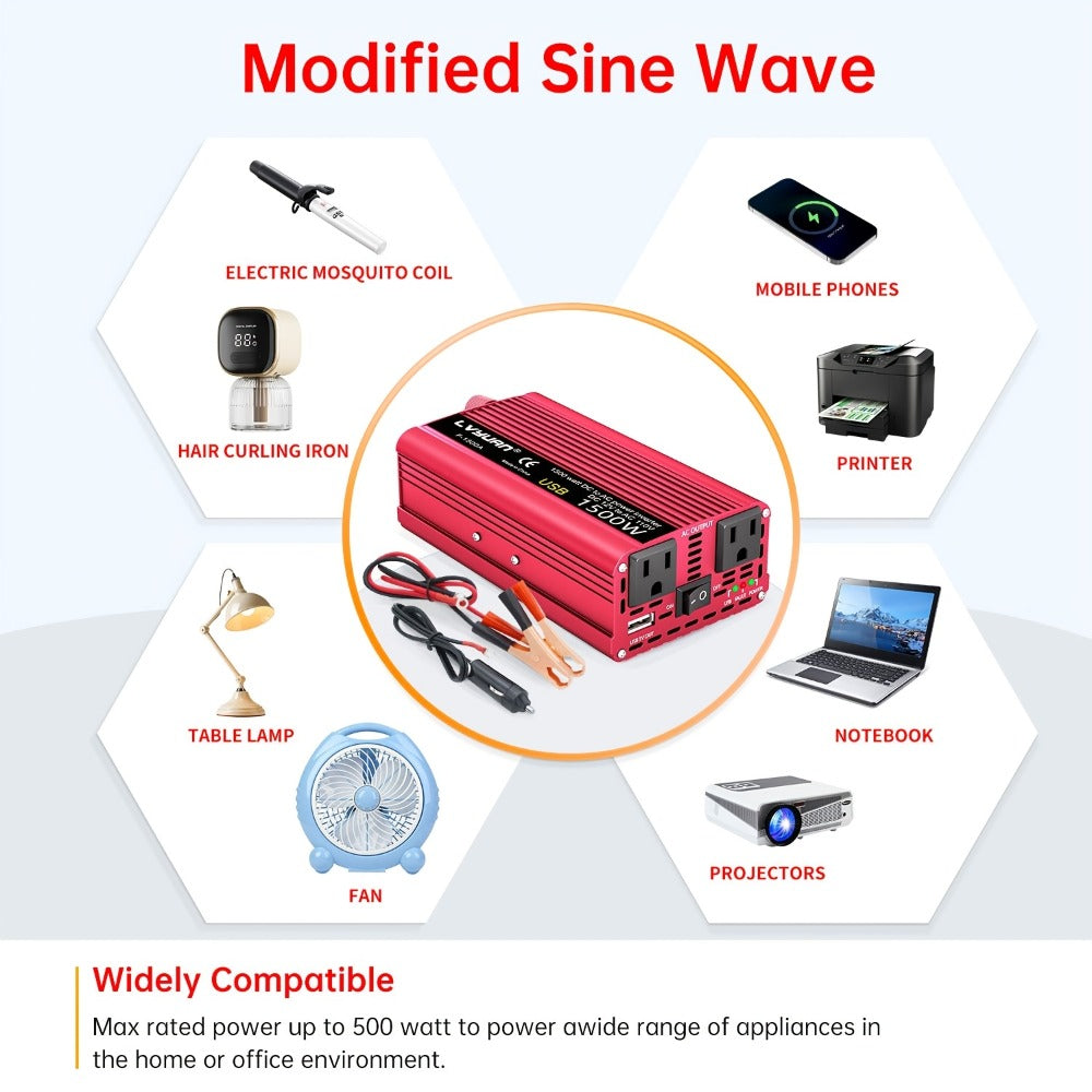 Car Power Inverter 500W 12V to 110V AC Outlet Converter with QC3.0 USB Port for Vehicle Boat Truck RV Portable Auto Power Adapter 200W Rated