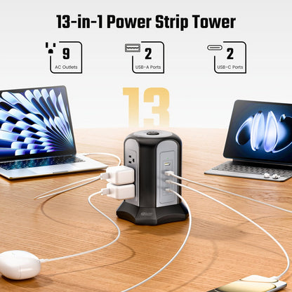 Surge- Power Tower 13-in-1 with Wireless Charger, 9 AC Outlets & 4 USB Ports (2 USB-C PD18W), 1080J Surge Protector