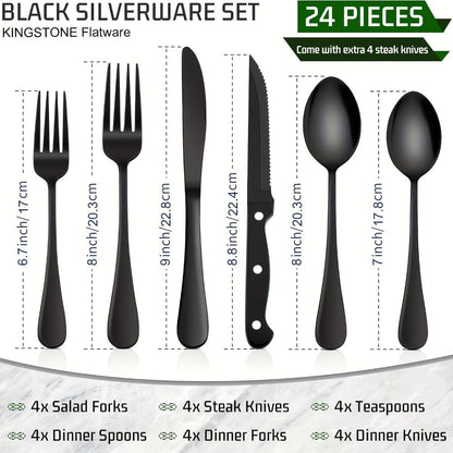 Serrated Steak Knife Dining Set with Six-Piece Place Settings, 24 or 48 Utensils in Silver or Black
