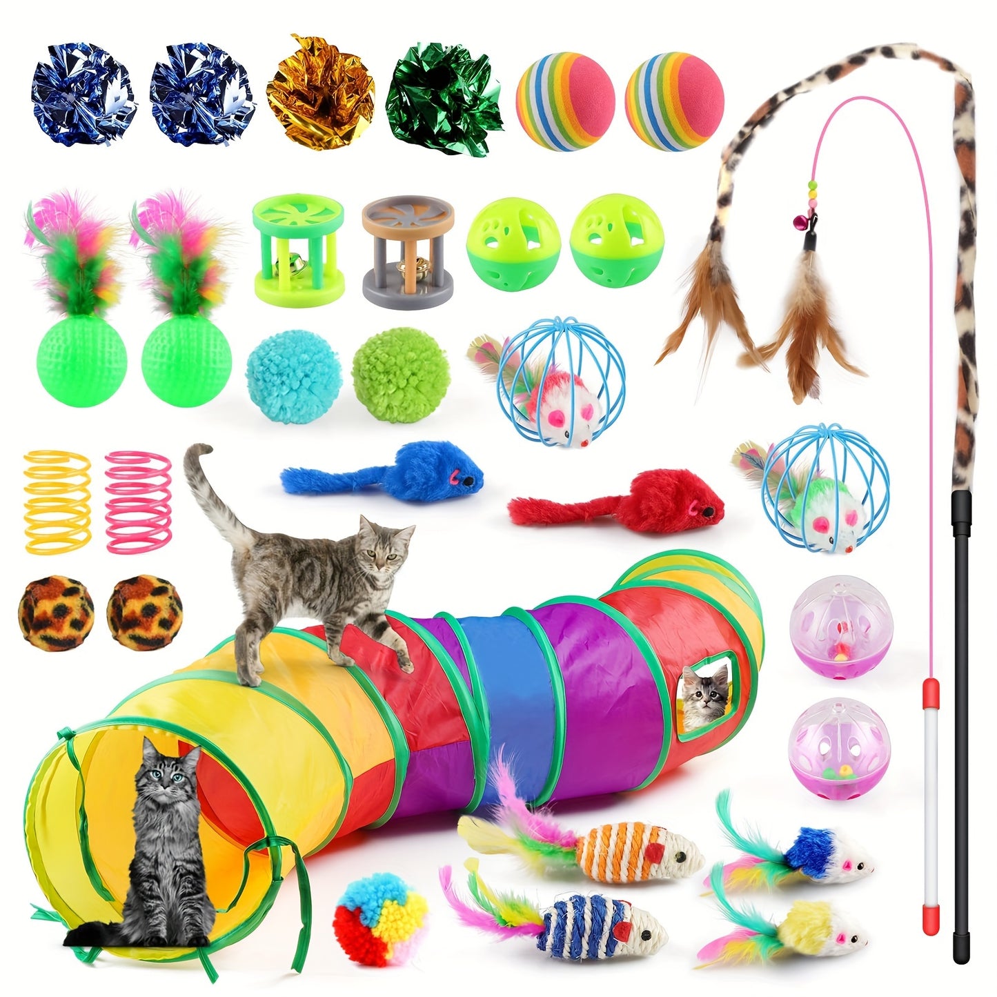 Cat Toys Set 32 Pcs Interactive Kitten Toy Assortment with Rainbow Tunnel, Feather Teaser Wand, Sisal Mice, Bell Balls & Crinkle Balls