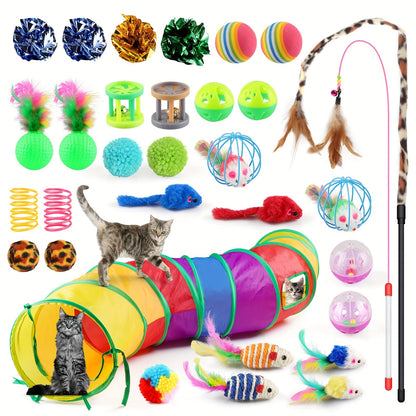 Cat Toys Set 32 Pcs Interactive Kitten Toy Assortment with Rainbow Tunnel, Feather Teaser Wand, Sisal Mice, Bell Balls & Crinkle Balls