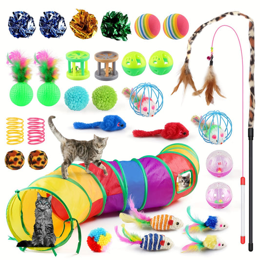 Cat Toys Set 32 Pcs Interactive Kitten Toy Assortment with Rainbow Tunnel, Feather Teaser Wand, Sisal Mice, Bell Balls & Crinkle Balls