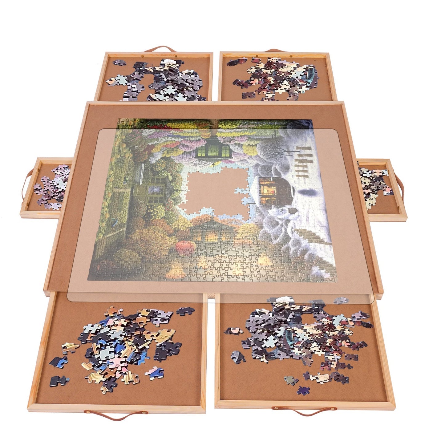 Jigsaw Puzzle Table 35"x27" with 360° Rotating Turntable & Easy-Pull Handle Drawers – Large Puzzle Board Organizer with Dust Cover for 1500