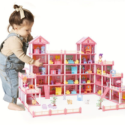 Princess Doll House Castle with Furniture & Accessories, Pink or Blue Mini Villa Playset 14 to 27 Rooms