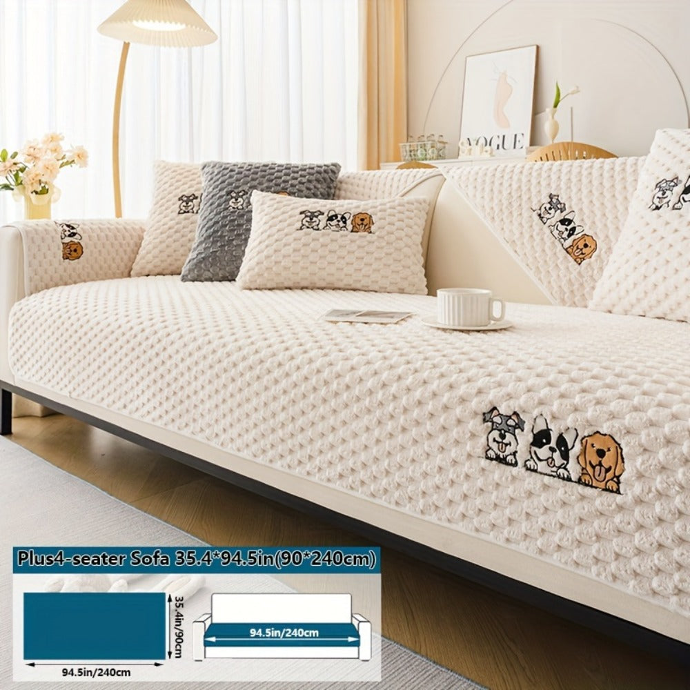 Sofa Cover, Honeycomb Velvet Animal-Embroidered Couch Pad with Backing Detail in Three Colors
