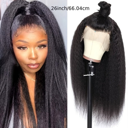 Synthetic Wig 26-Inch Black Kinky-Straight Yaki with HD Lace Front, Glueless Cap and with Item-Specific Color, Length, Texture and Cap