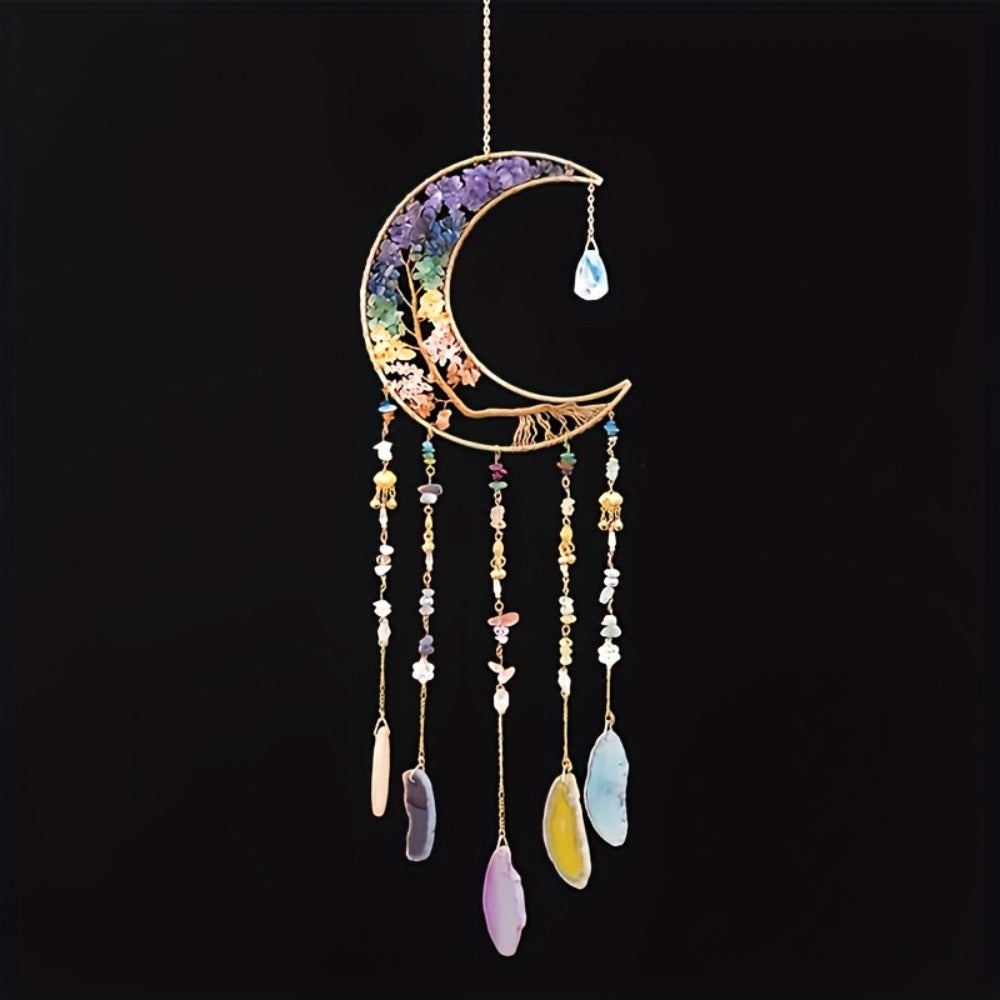 Dreamcatcher Moon Suncatcher Wall Hanging, Handmade Boho Wind Chime Pendant for Indoor Outdoor Garden