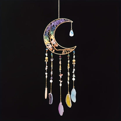 Dreamcatcher Moon Suncatcher Wall Hanging, Handmade Boho Wind Chime Pendant for Indoor Outdoor Garden