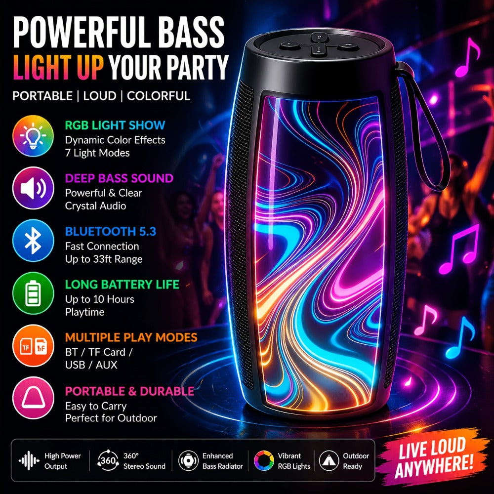 Portable Bluetooth Speaker with Bluetooth 5.3, wraparound audio layout, TWS, RGB Light Show and Carry Strap