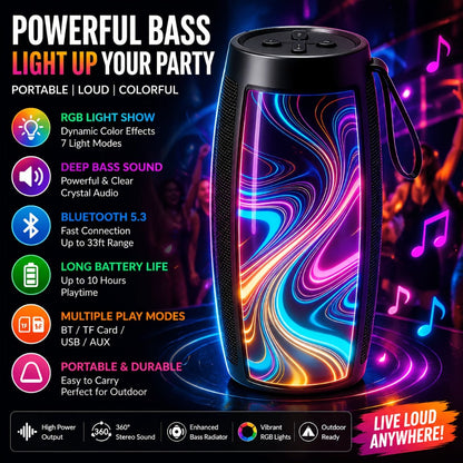 Portable Bluetooth Speaker with Bluetooth 5.3, wraparound audio layout, TWS, RGB Light Show and Carry Strap