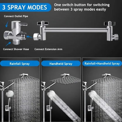 High Pressure Shower Head Combo with Handheld Shower Wall Mounted 9 Spray Settings Rainfall Shower System Adjustable Angle Leakproof