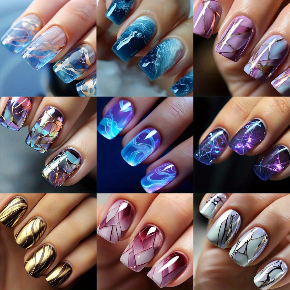 Press On Nails 215-Piece Short Square Nine-Pack Marble Brown Line Gradient Glossy Set with Glue