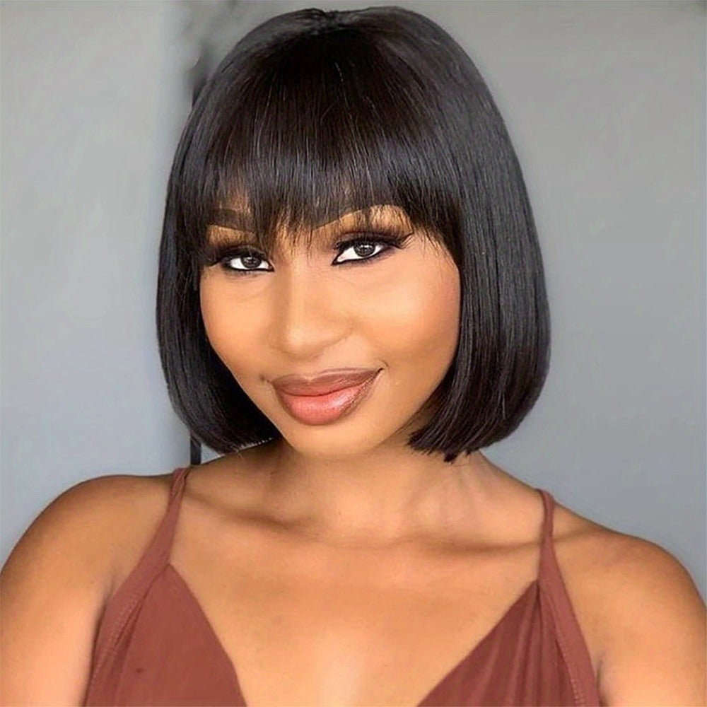 Straight Bob Human Hair Wig with Full Machine-Made Cap, Black Finish and Bangs, 8–16 Inch Options