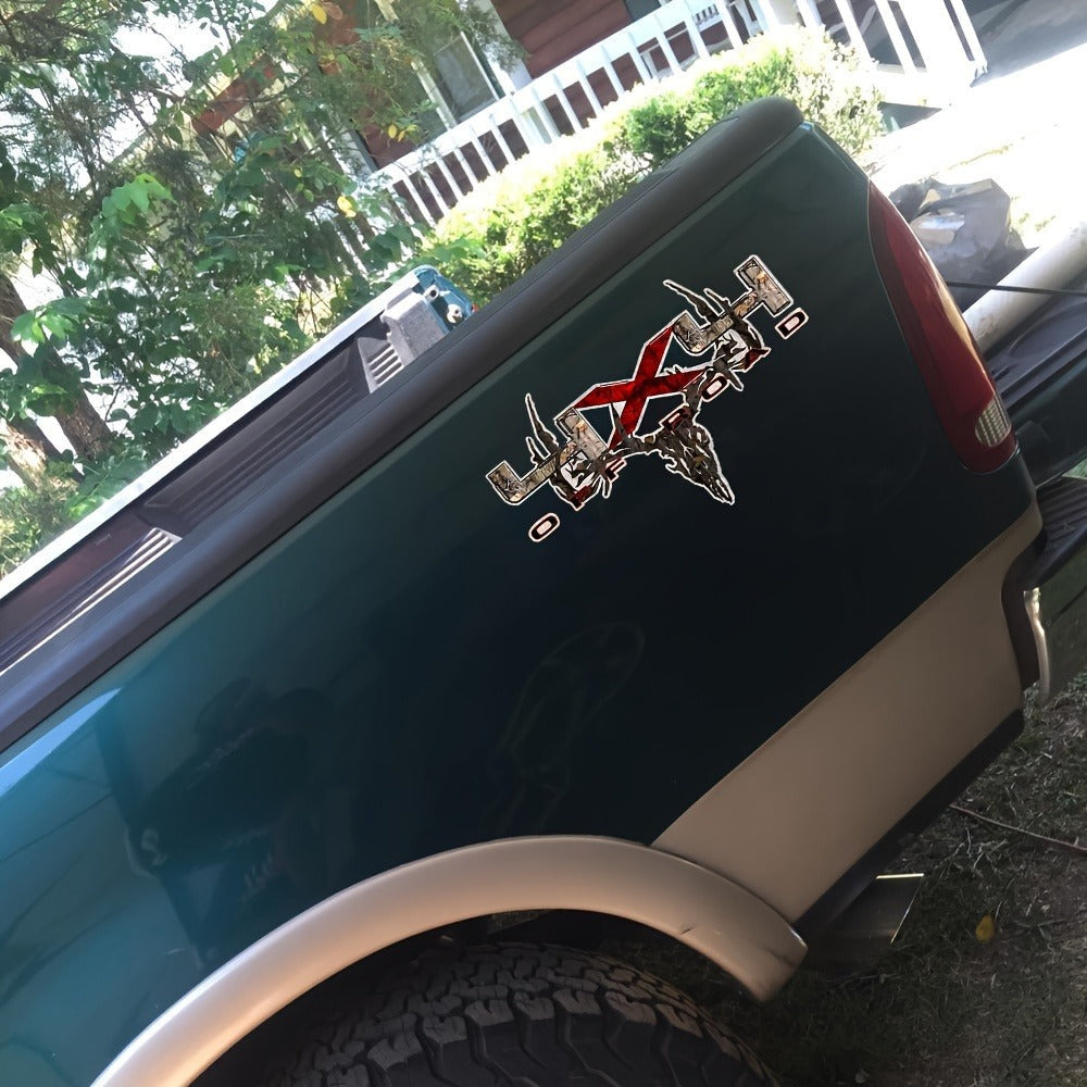 Two-Piece Hunting Skull Truck Decal Set with Antlers, Crossed Arrows and Red Center Accent
