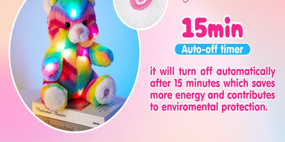 Plush Toy Rainbow Cat with Glowing Color Points and Music for Bright Interactive Display for Character Display, Room Decor and Gift