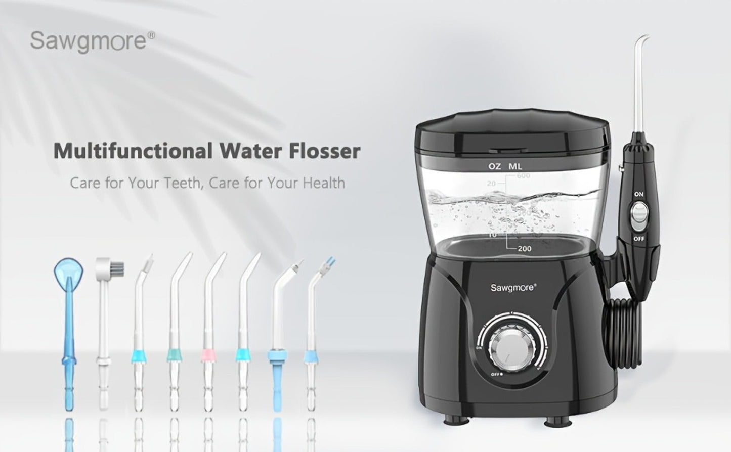 Water Flosser for Teeth & Braces 600ml Large Tank – 10 Adjustable Pressure Levels 8 Nozzles IPX4 Waterproof Professional Oral Irrigator
