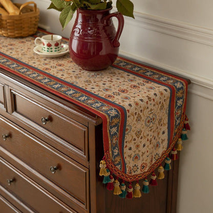 Tasseled Floral Table Runner with 15.75-Inch Width and Three Length Options for Dining Tables