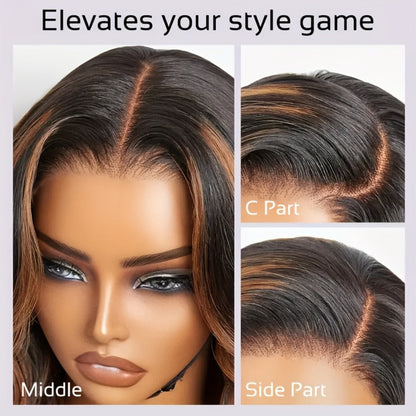 200% Density Lace Front Wig Human Hair Brown Highlights Long Wavy Pre-Plucked Glueless Heat, for Home, Travel and Salon Hair Styling