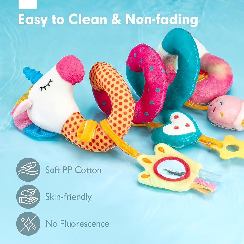 Baby Car Seat Toys 0-6 Months, Unicorn Rattle Mirror Crinkle Squeaky Stroller Toy Set for Infant Girls