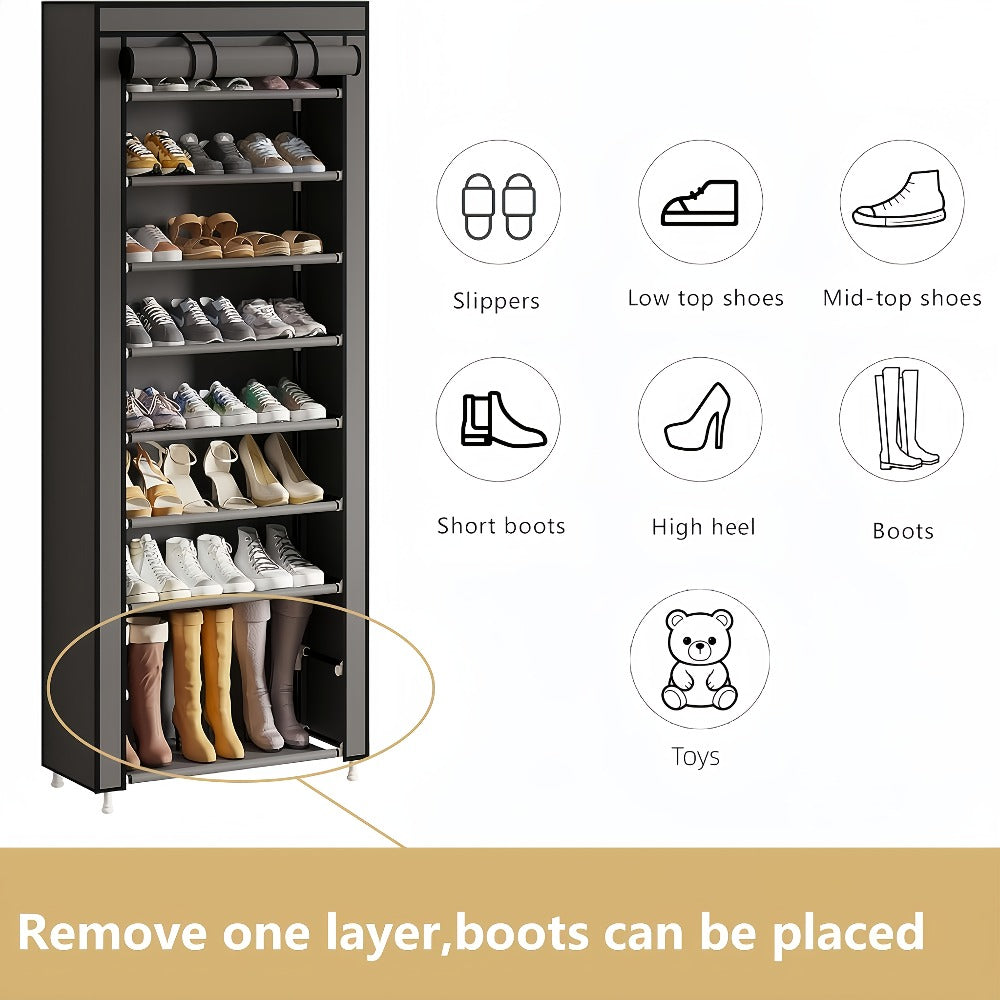 Shoe Rack with Dust Cover, 6/8/10 Tier High- Space Saving Shoe Organizer, Easy Assembly, 12mm Pipe