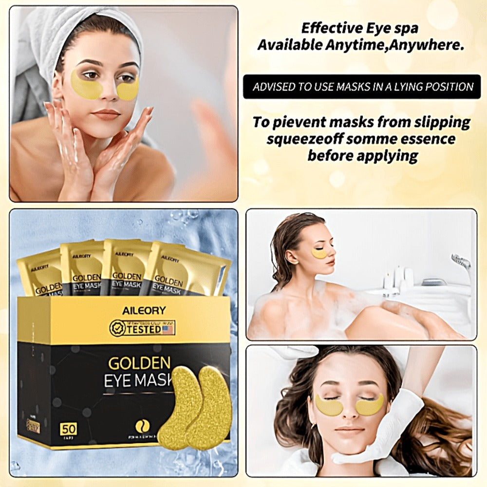 30-Pair ALIEORY Gold-Tone Under-Eye Patch Box with Individual Pouches and Collagen and Hyaluronic Acid Wording