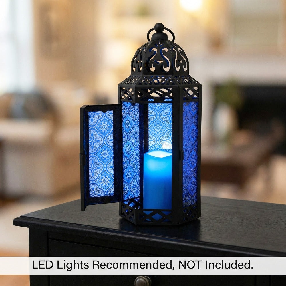 Moroccan Candle Lantern Holder - Decorative Metal & Glass Lantern with Embossed Floral Design for Indoor Home Decor
