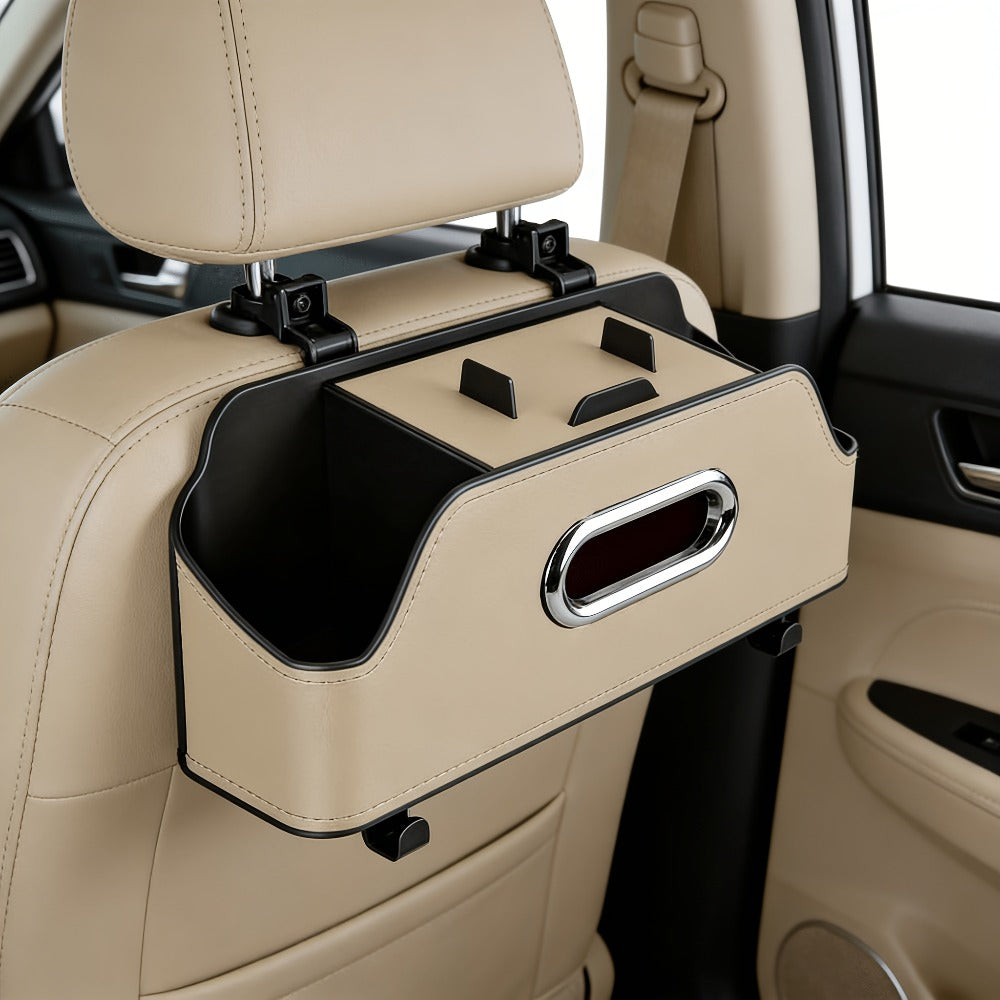 Compact Headrest-Hanging Car Organizer with Two Cup Pockets, Tissue Opening, Hooks and Five Pack Options