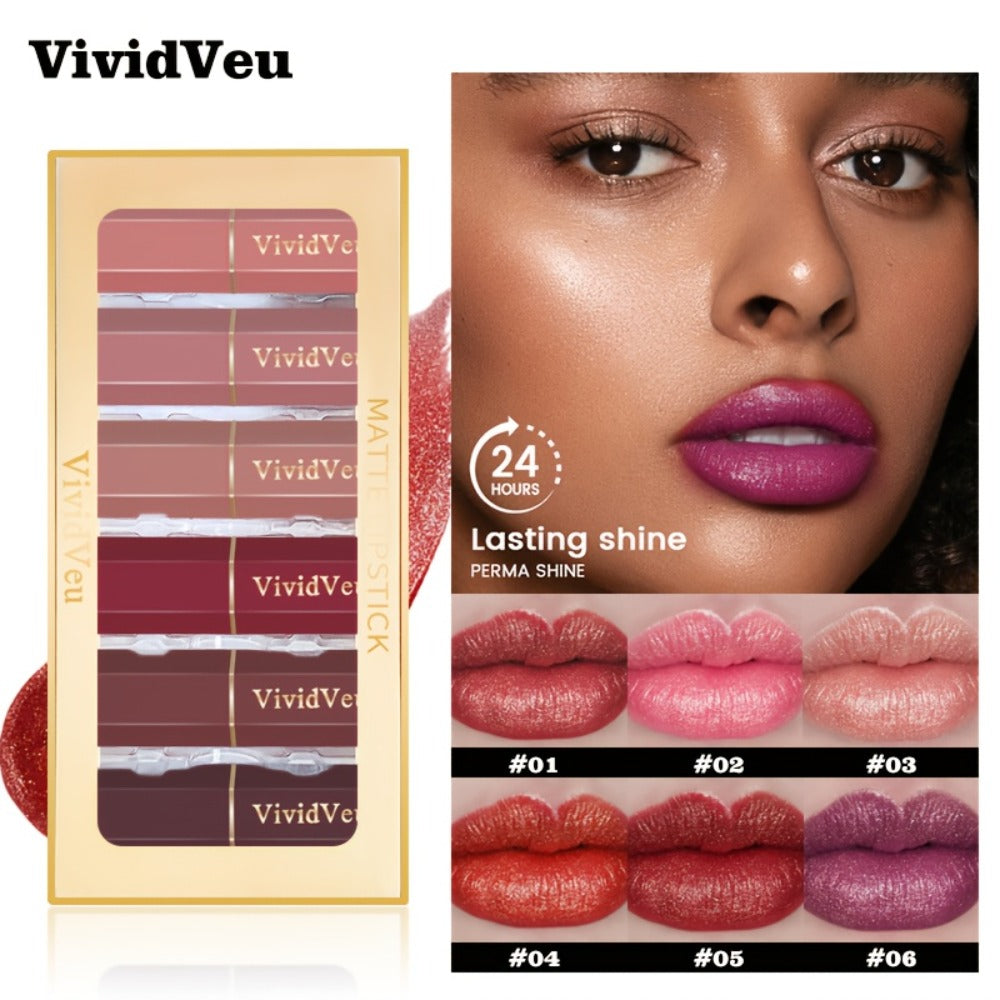 Lipstick Set, VividVeu 6-Piece Cream Bullet Collection with Numbered Rose, Red, Berry and Plum Shades