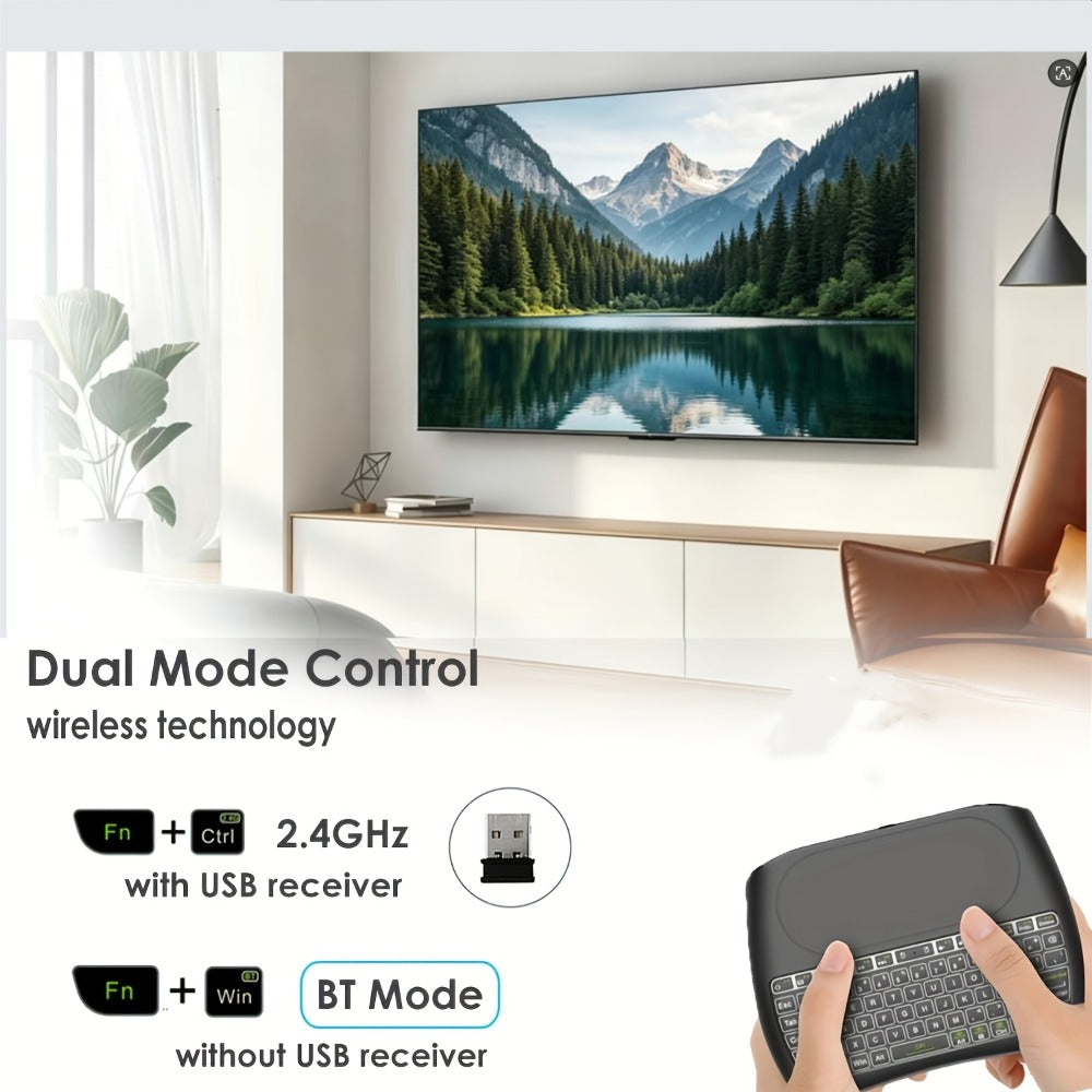 Wireless Mini Keyboard with Large Touchpad & 7-Color Backlight, Bluetooth & 2.4G Dual Mode Handheld Keyboard Remote Control
