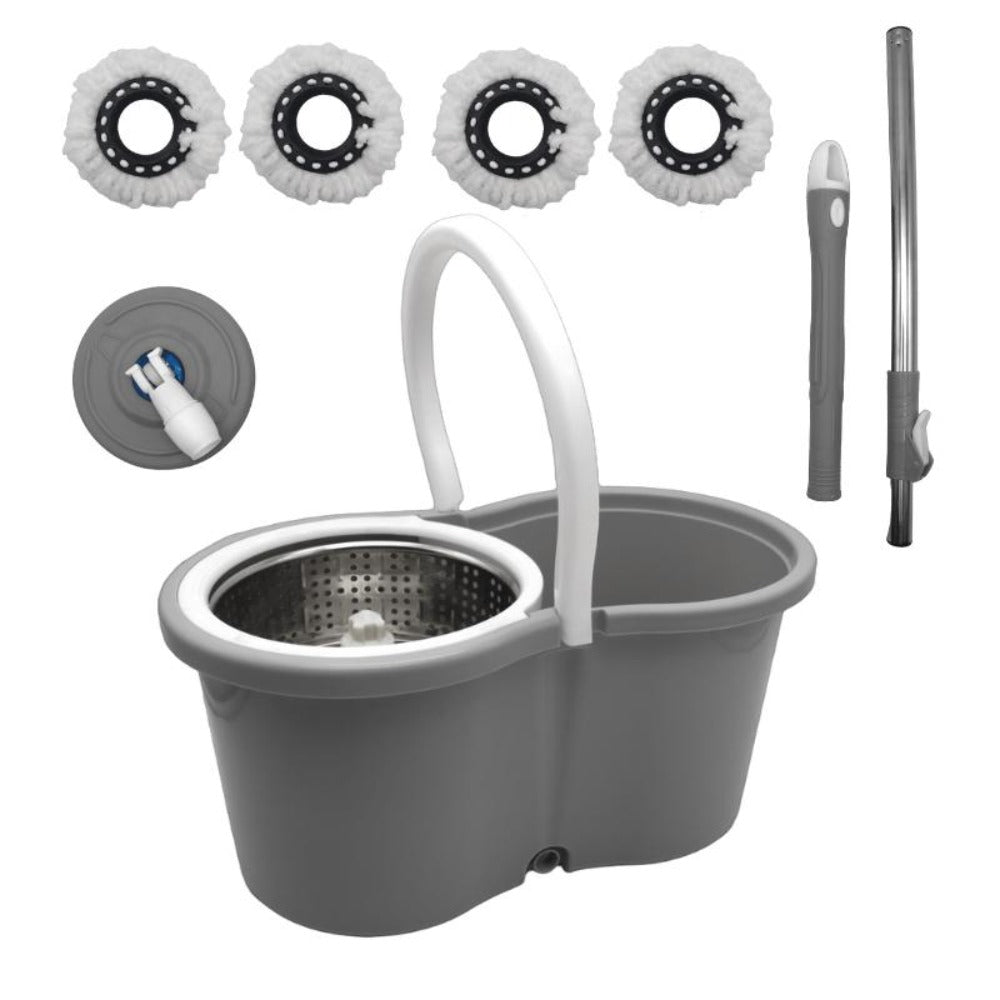 360 Spin Mop and Bucket Set with Wringer – Stainless Steel Extended Handle Spinning Mop Bucket System with Microfiber Mop Refills