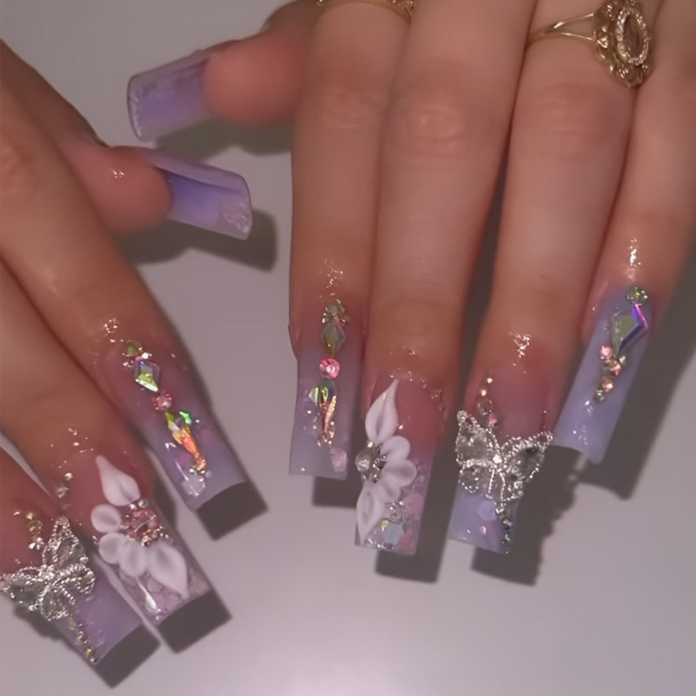 Press On Nails 96-Piece Long Ballerina Blue Gradient 3D Flower Butterfly Set with Four Bracelets