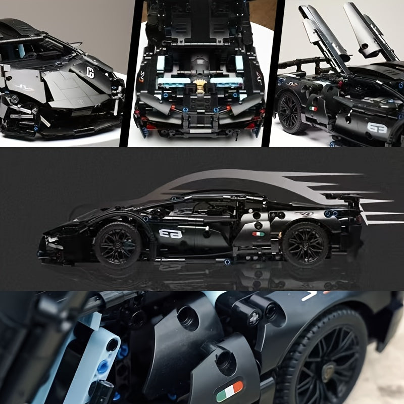 Black Supercar Building Blocks Set 1288 Pcs Limited Edition – Openable Hood Trunk Functional LED Headlights Realistic Engine Advanced