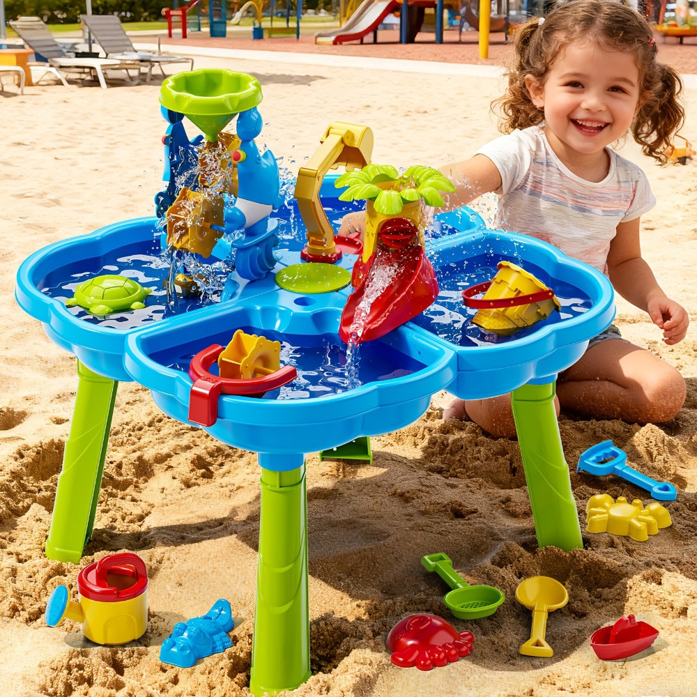 4-in-1 Sand & Water Table for Toddlers & Kids, Outdoor Sensory Play Sandbox Activity Table with Beach Toys