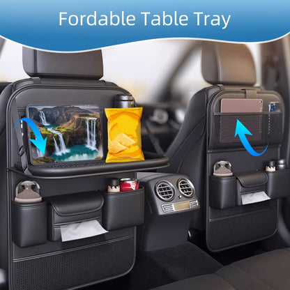 Seatback Car Organizer with Fold-Down Tray, Cup Recesses, Tissue Opening and One- or Two-Piece Packs