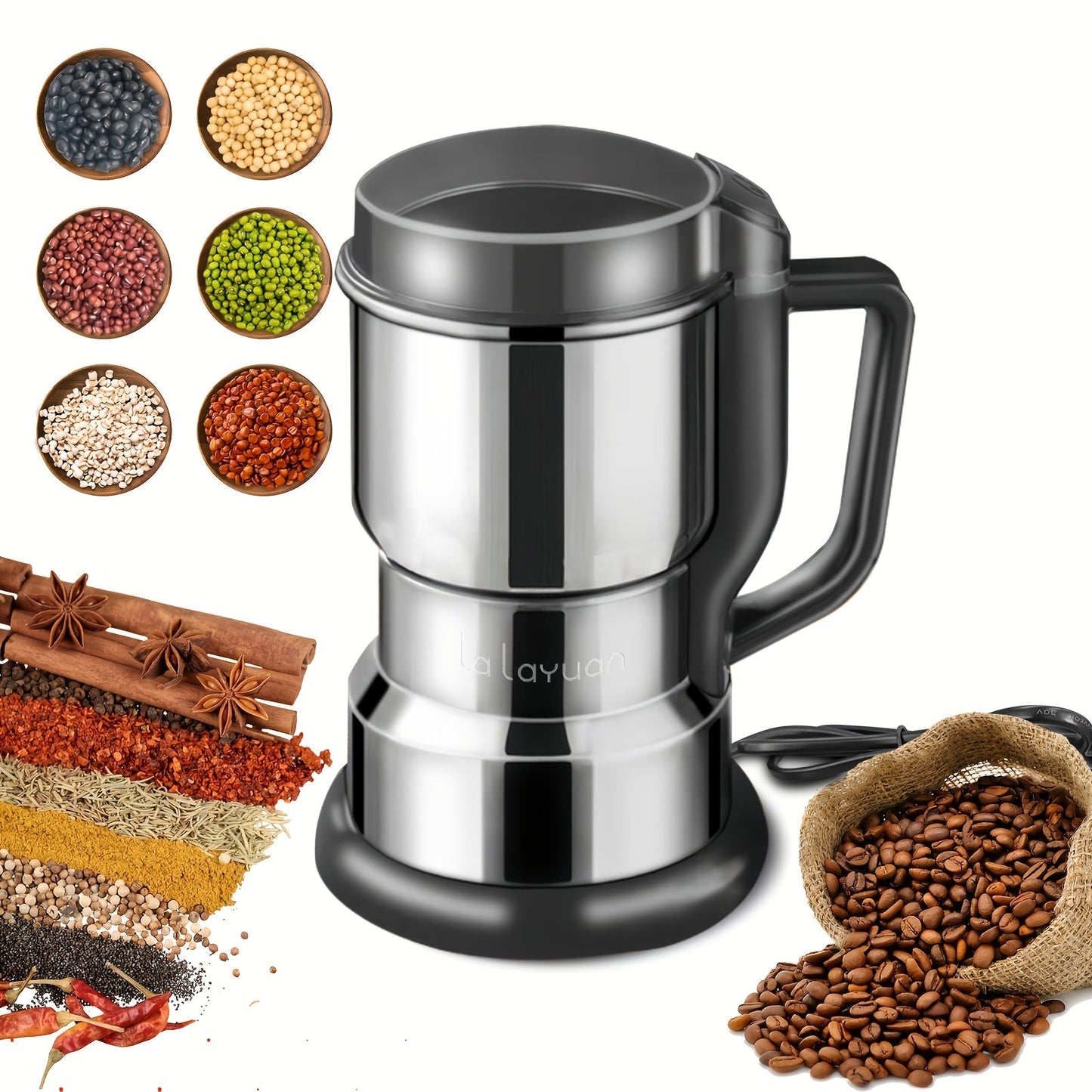 Coffee Bean Grinder 300W 8-Blade Stainless Steel 400g 14oz Large Up to 36 Cups 10-Second for Entryways, Bedrooms and Living Spaces