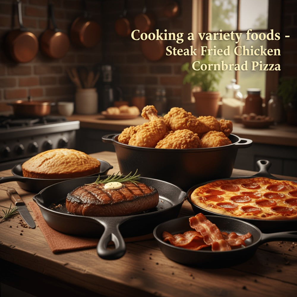 Cast Iron Cookware Set for Kitchen Camping BBQ – Non-Stick Skillet Dutch Pot Frying Pan Baking Tray Griddle Options