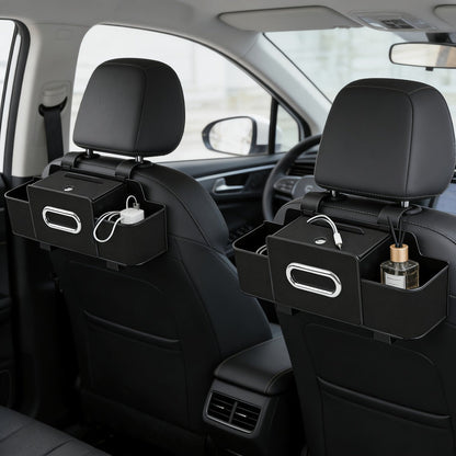 Compact Headrest-Hanging Car Organizer with Two Cup Pockets, Tissue Opening, Hooks and Five Pack Options