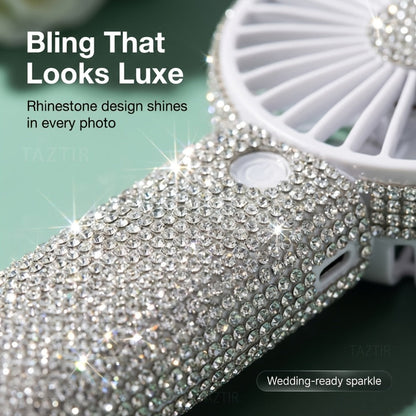 Elegant Silvery Rhinestone Mini Handheld Fan with Type-C Charging, Round Grille and Decorated Handle