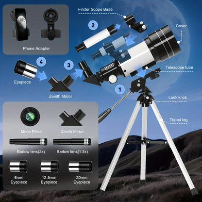 150X Telescope 70mm Aperture for Adults High Power Portable Monocular with Tripod Phone Holder Eyepiece Barlow Lens for Stargazing Nature