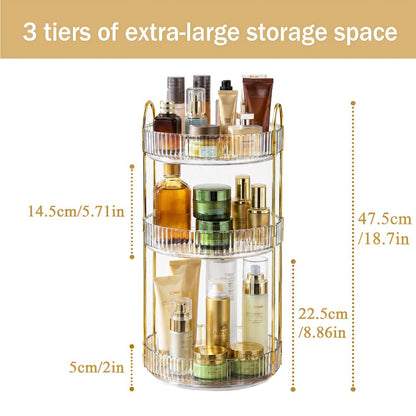 Three-Tier Rotating Makeup Organizer with 360-Degree Base in Green, Amber or Transparent Finish