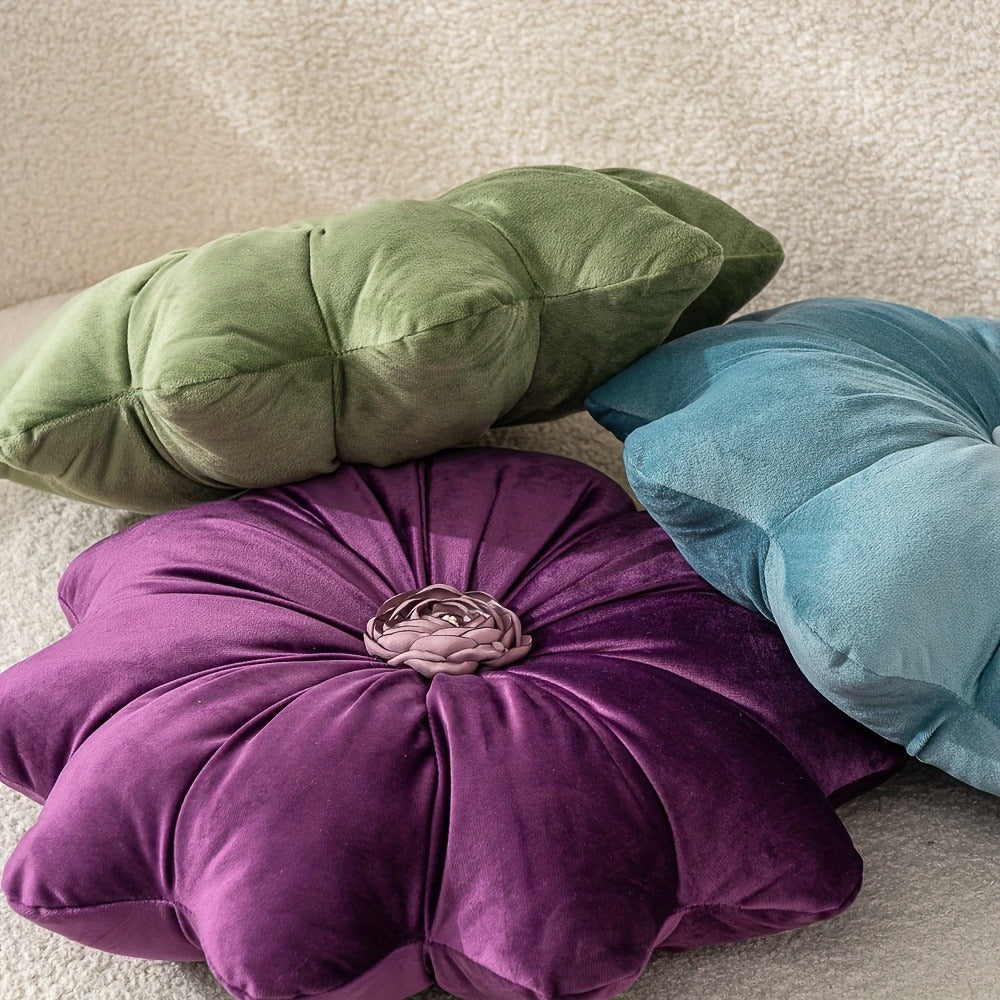 Velvet Flower Shaped Throw Pillow with Pillow Core Elegant Round Cushion Luxury Floral Pillow for Entryways, Bedrooms and Living Spaces